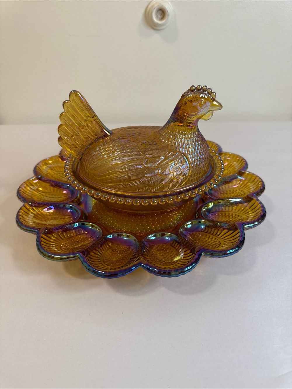Vintage Indiana Glass Amber Iridescent Hen on nest & Egg Tray